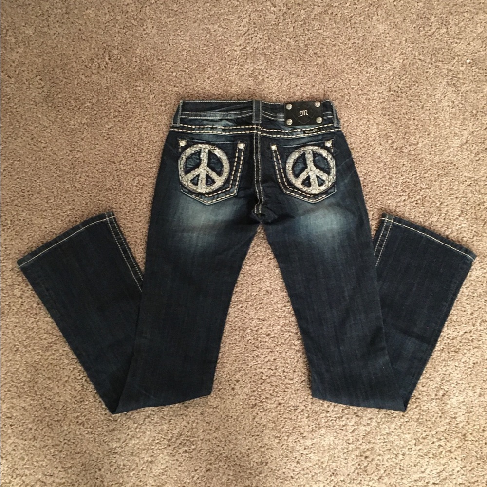 Miss Me Jeans, BLING, Boot, Size 26 Peace sign EUC